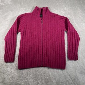 Zinity Sweater Cardigan Womens Small Magenta Cable Knit Full Zip Merino Possum